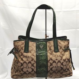 Coach Carryall Signature khaki + Green jacquard Python Stripe tote